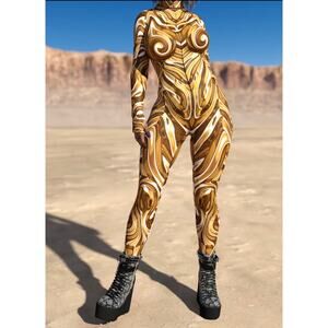 Candy Catz Mecha Vortex Gold Costume Rave Bodysuit - Size S